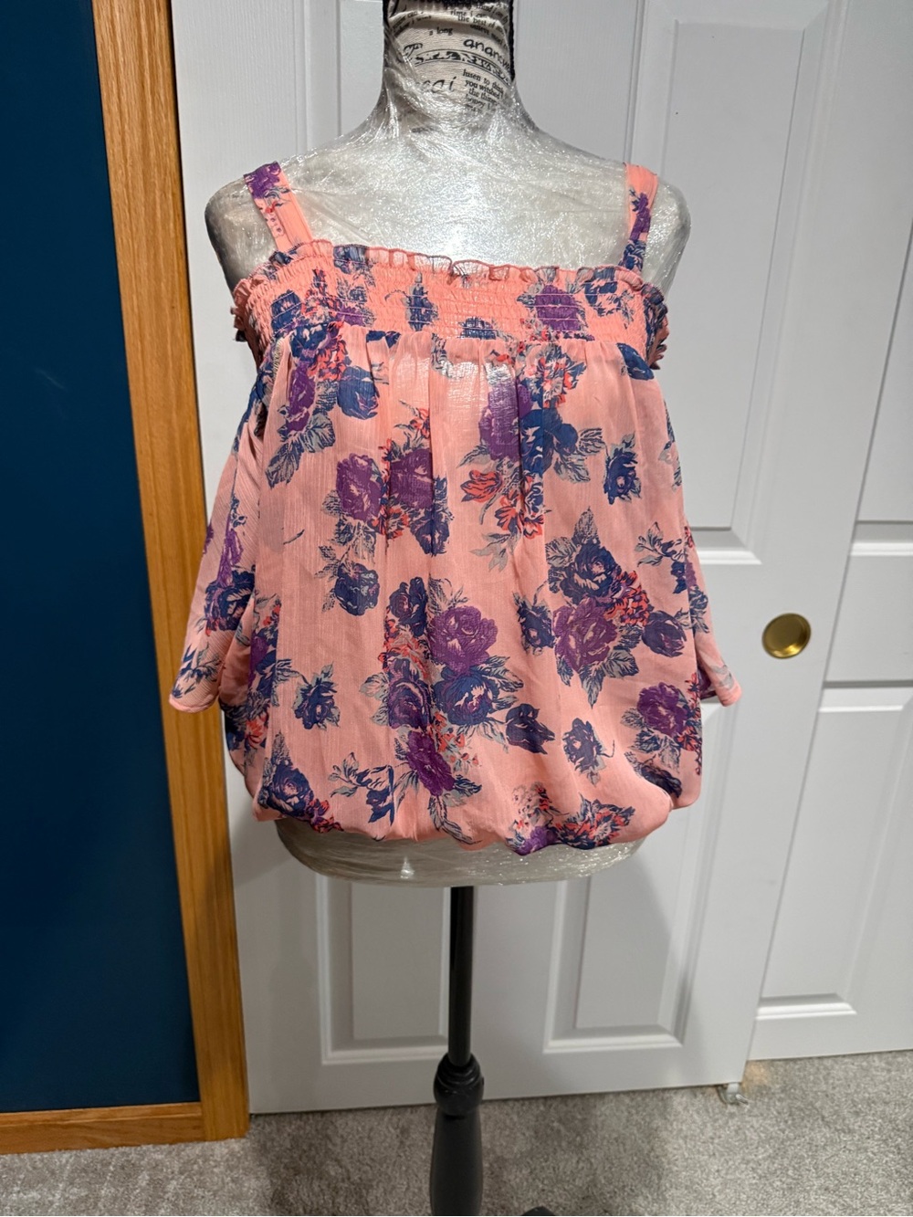 Guess Pink Floral Smocked Strap Blouse